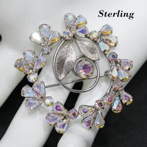 Vintage Sterling Silver Rhinestone Wreath Brooch, AB Rhinestones